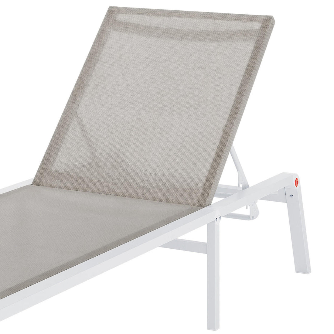 Jabari Outdoor Sun Loungers with Cushions Set of 2 in Light Grey, featuring a white metal frame and grey/beige mesh fabric seat with adjustable backrest for customizable outdoor relaxation.