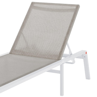 Jabari Outdoor Sun Loungers with Cushions Set of 2 in Light Grey, featuring a white metal frame and grey/beige mesh fabric seat with adjustable backrest for customizable outdoor relaxation.