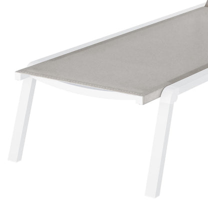 Jabari Outdoor Sun Loungers with Cushions Set of 2 in Light Grey, featuring a light-grey fabric panel on a folding white metal frame for outdoor relaxation, shown in a reclined position.