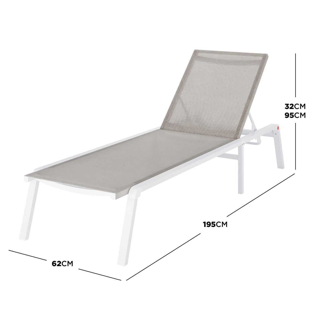 Jabari Outdoor Sun Loungers with Cushions Set of 2 in Light Grey feature adjustable backrests on sturdy white metal frames with light-grey mesh seating, offering versatile, stylish comfort in an outdoor setting.