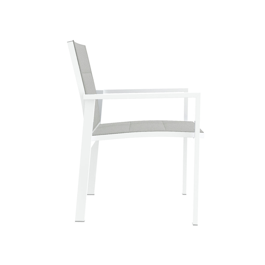 Jensen 6 Seater Aluminium Outdoor Dining Set in Light Grey features a minimalist chair with a slim white metal frame, straight legs, armrests, and light gray upholstered seat and backrest.