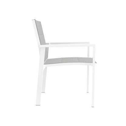 Jensen 6 Seater Aluminium Outdoor Dining Set in Light Grey features a minimalist chair with a slim white metal frame, straight legs, armrests, and light gray upholstered seat and backrest.