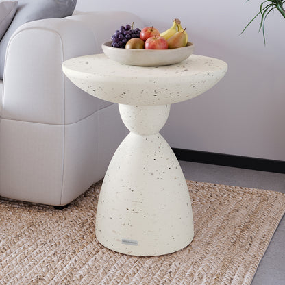 Junia Terrazzo Concrete Pedestal Side Table styled in a contemporary living room, perfect for indoor outdoor use - Lifestyle