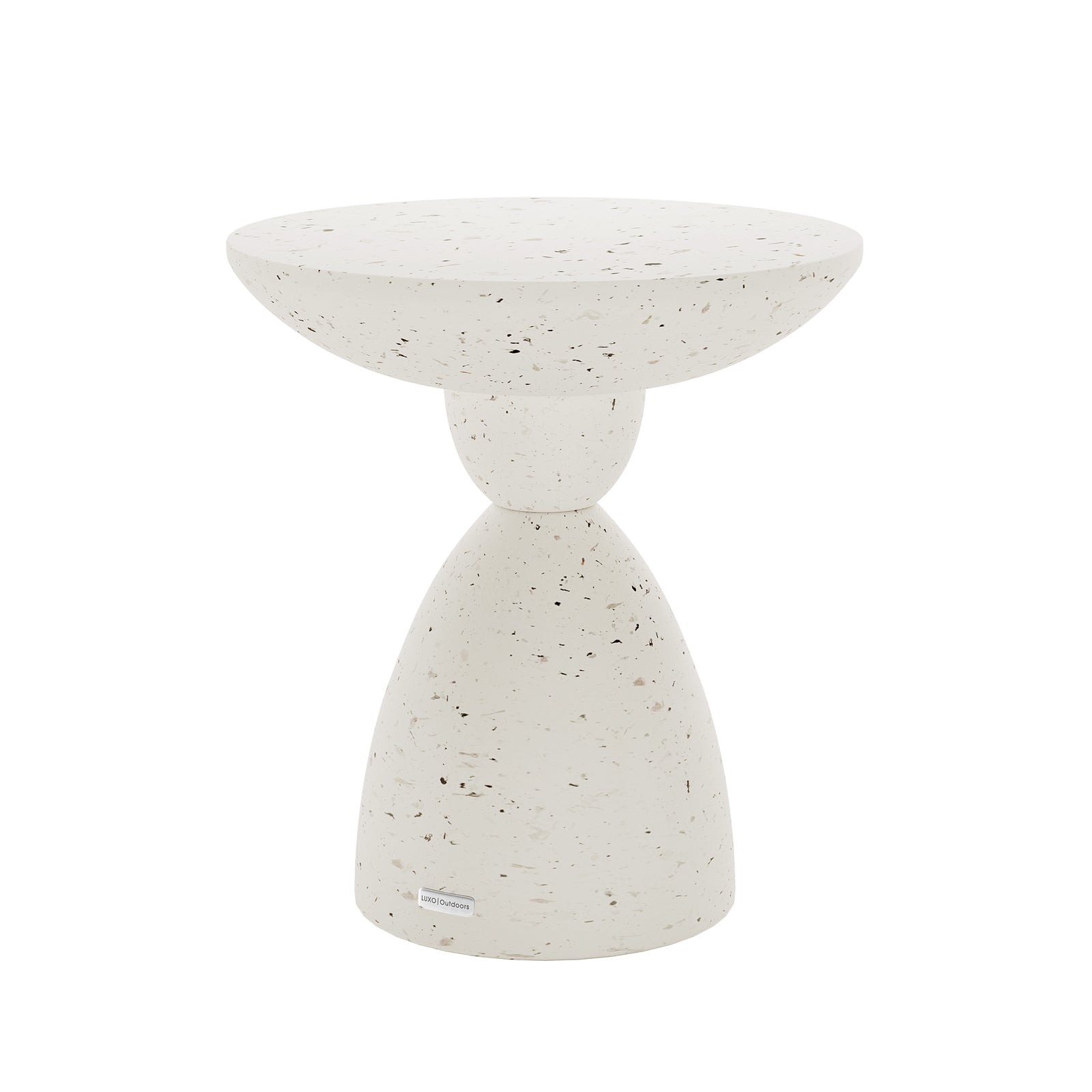 Angled view of Junia Terrazzo Indoor Outdoor Pedestal Concrete Side Table, showcasing its unique silhouette and texture