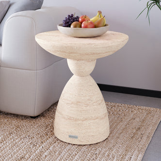 Junia Travertine Concrete Pedestal Side Table styled in a contemporary living room, perfect for indoor outdoor use - Lifestyle