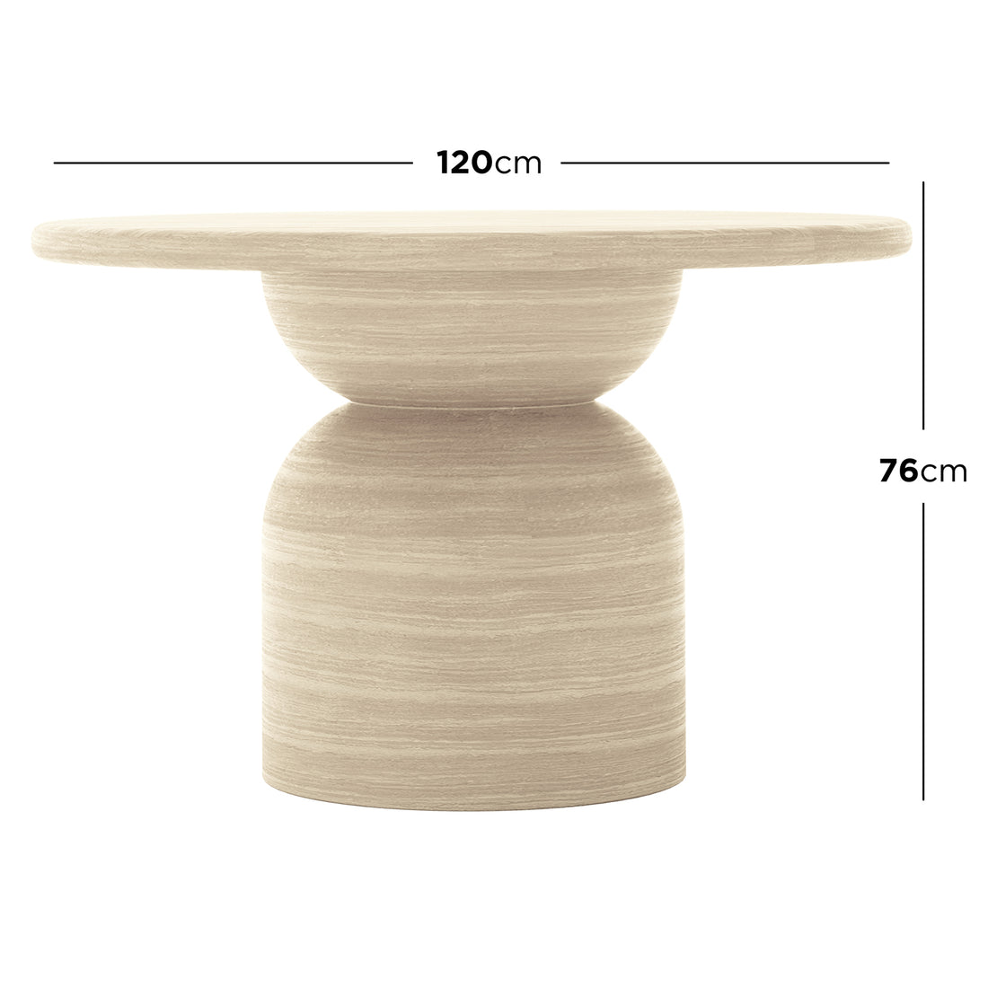 Krates 120cm Round Indoor/Outdoor Concrete Dining Table with a smooth round surface and sturdy round base, ideal for seating four. Suitable for modern spaces, both indoors and outdoors.