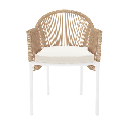 Front view of Krates & Mindanao 5pc Outdoor Concrete Dining Set features wicker chairs with armrests and cushions, paired with a sleek concrete dining table, perfect for enhancing outdoor dining experiences.