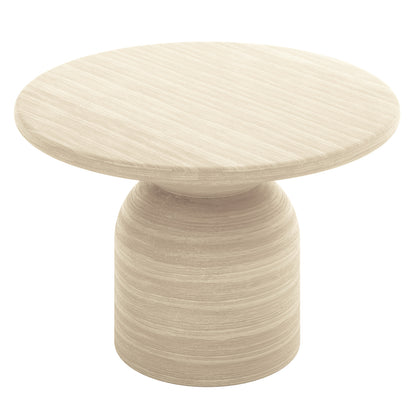 Krates & Mindanao 5pc Outdoor Concrete Dining Set features a round white surface pedestal table with wicker chairs, perfect for outdoor gatherings, blending comfort and modern design.