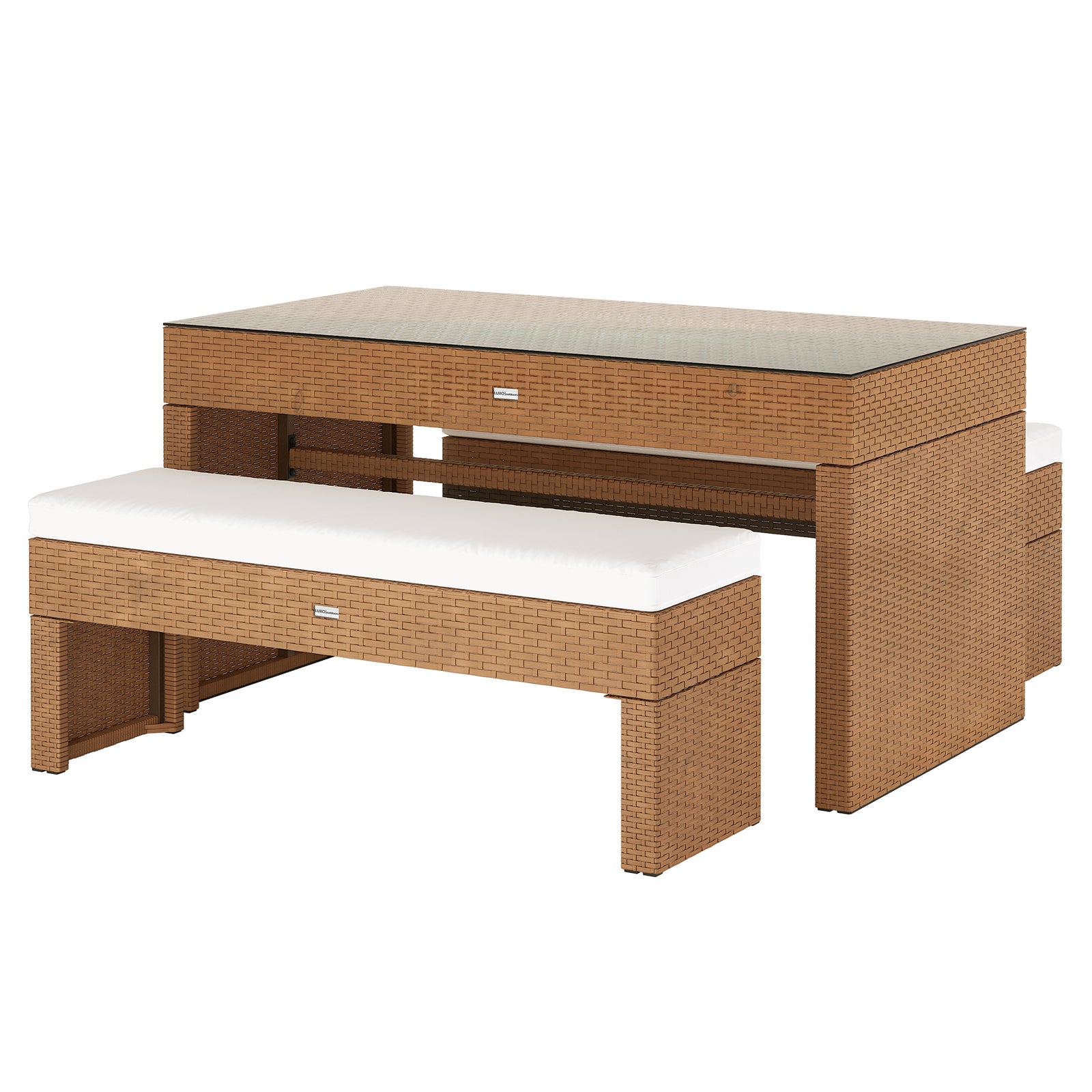 Kummi 4 Seater Outdoor Dining Bench Set showcases a honey-brown rattan table with dark glass top and two cushioned benches underneath, perfect for stylish and comfortable outdoor gatherings.