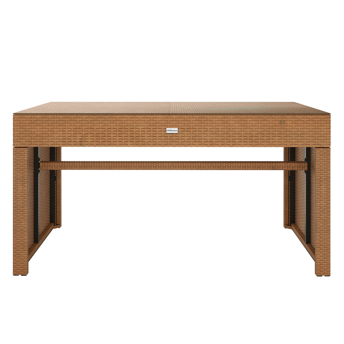 Kummi 4 Seater Outdoor Dining Bench Set in Black & Cream White features a rectangular, woven synthetic wicker design with four legs and a central stretcher bar, showcasing a sleek, flat top.