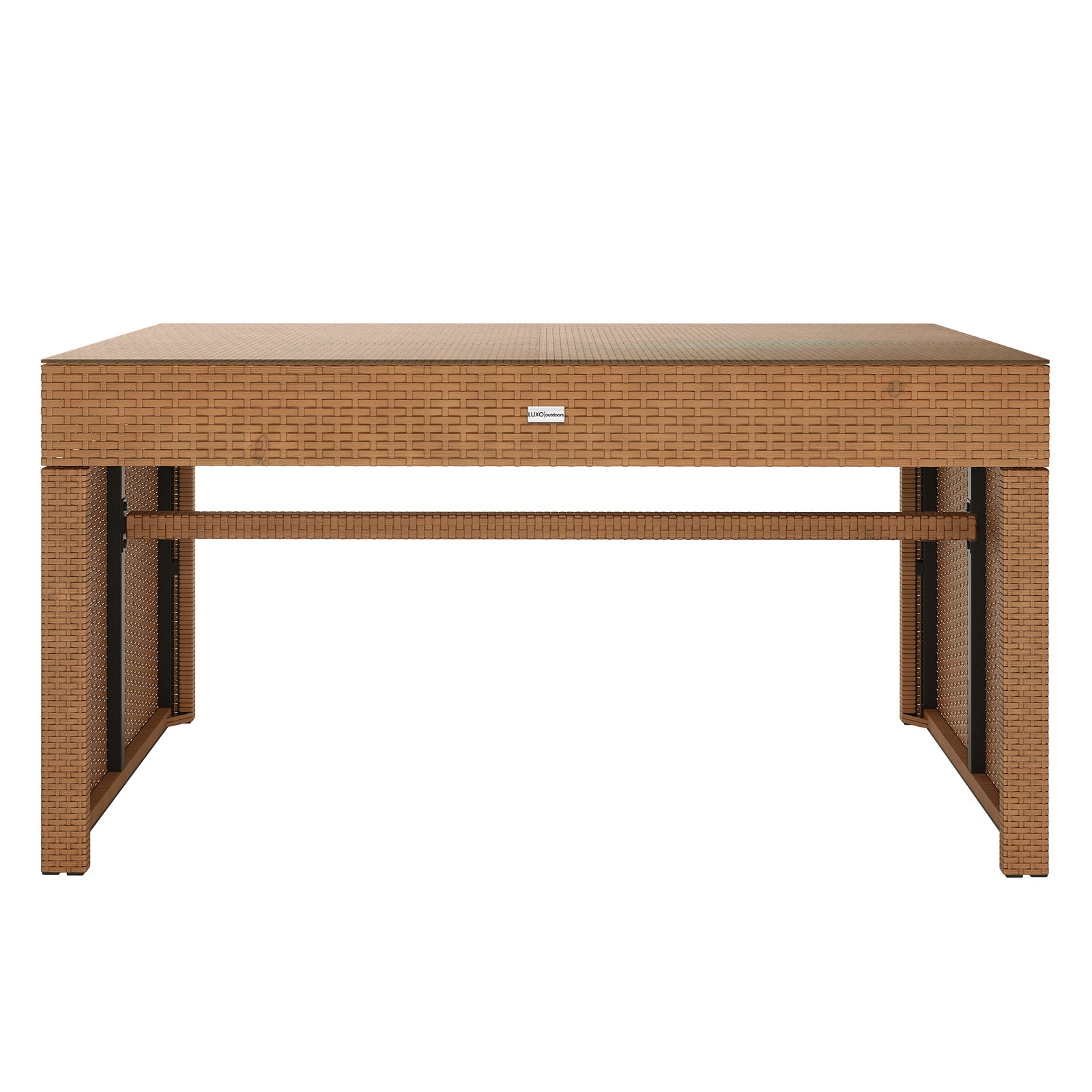 Kummi 4 Seater Outdoor Dining Bench Set in Black & Cream White features a rectangular, woven synthetic wicker design with four legs and a central stretcher bar, showcasing a sleek, flat top.