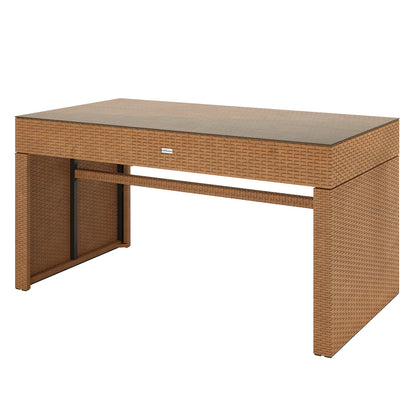 Kummi 4 Seater Outdoor Dining Bench Set features a rectangular, light-brown rattan-style coffee table with a clear glass top, designed for patios or decks, showcasing both style and comfort.