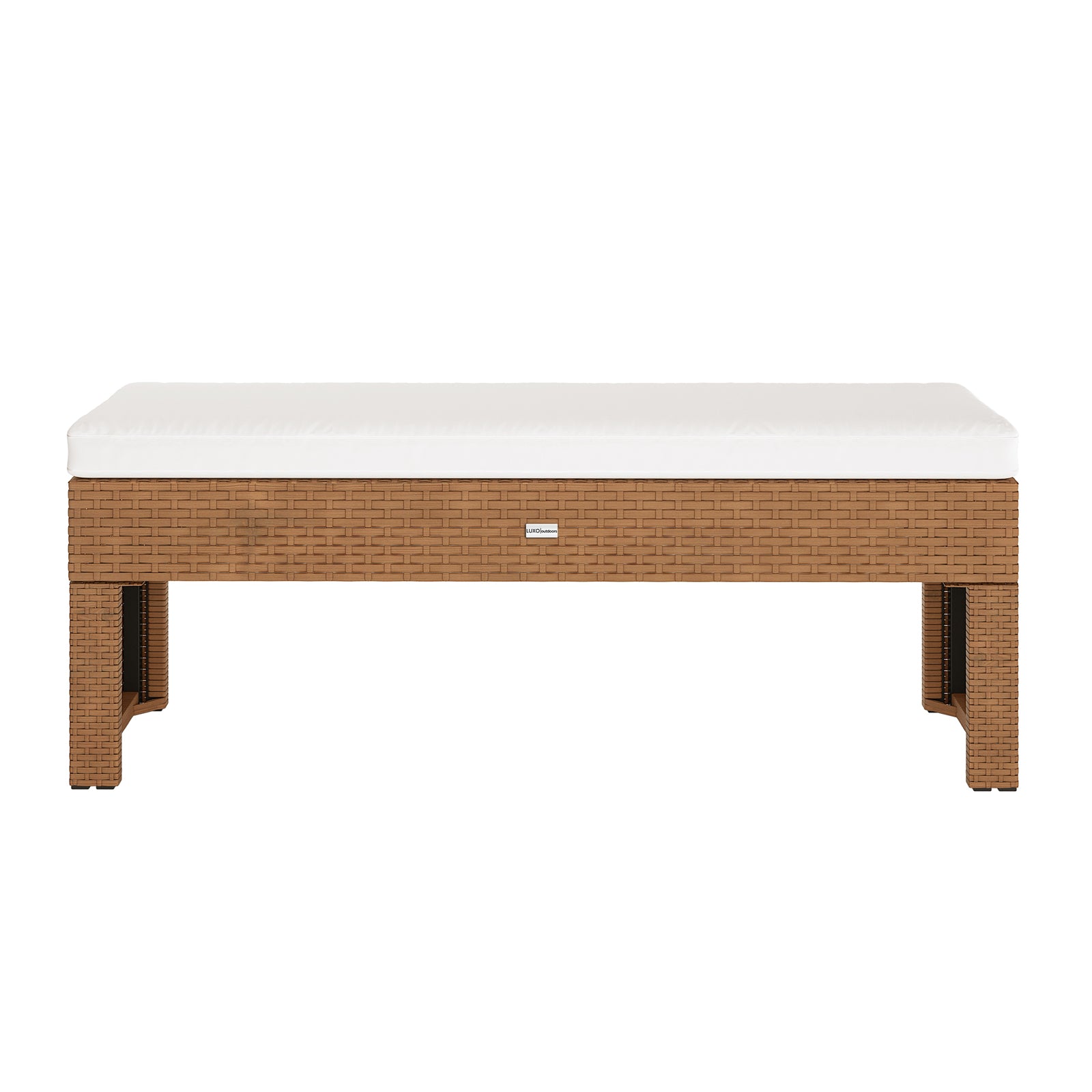 Kummi 4 Seater Outdoor Dining Bench Set in Black & Cream White features a rectangular light-brown synthetic wicker bench with a white cushioned pad, ideal for stylish outdoor dining and lounging.