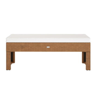 Kummi 4 Seater Outdoor Dining Bench Set in Black & Cream White features a rectangular light-brown synthetic wicker bench with a white cushioned pad, ideal for stylish outdoor dining and lounging.