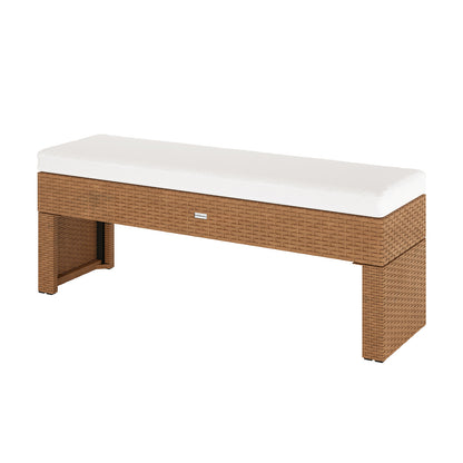 Kummi 4 Seater Outdoor Dining Bench Set in Black & Cream White, featuring a backless, brown woven-rattan frame with a plain white seat cushion, ideal for stylish outdoor seating.