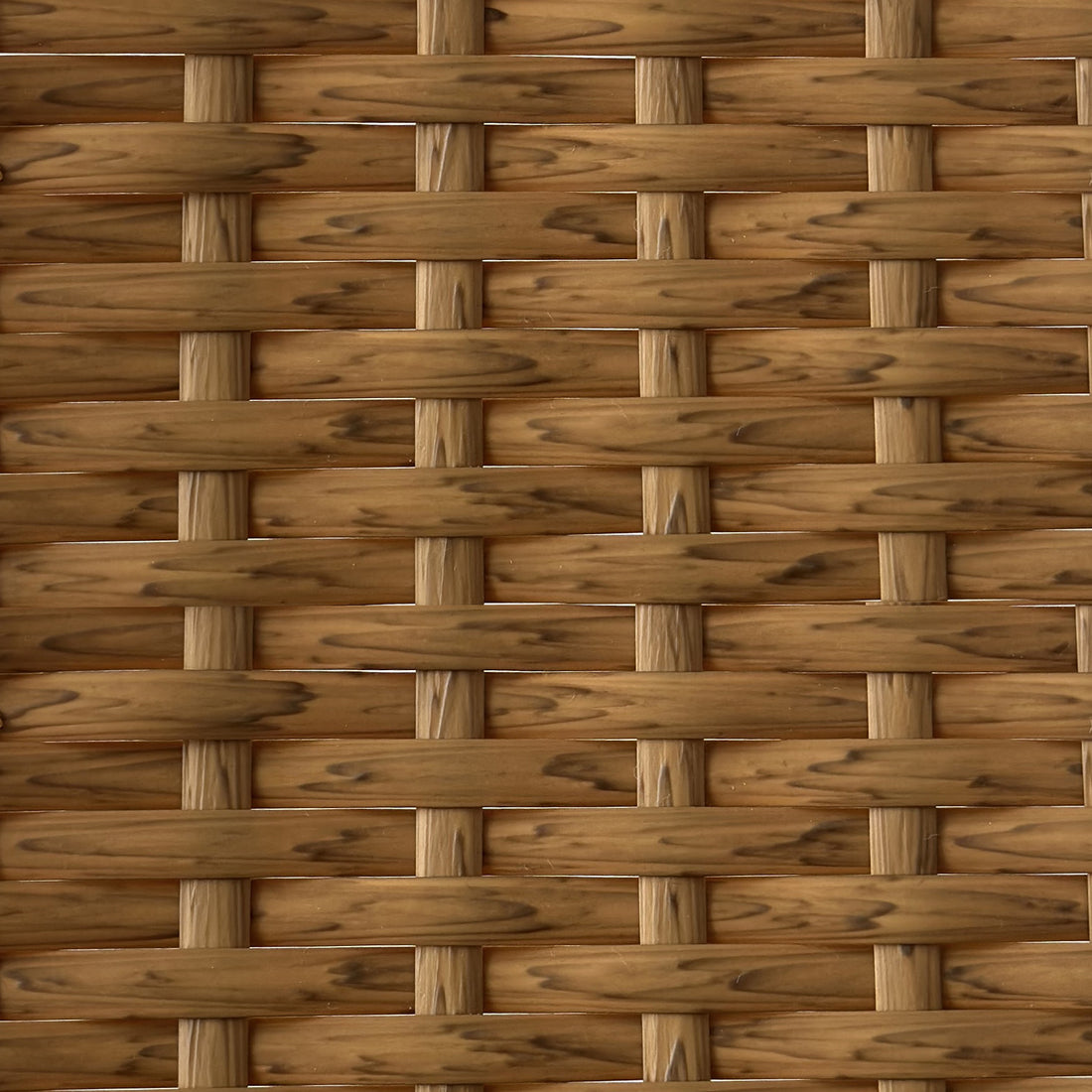 Close-up of the Kummi 4 Seater Outdoor Dining Bench Set's woven wooden surface, showcasing the intricate basket weave pattern of interlaced wooden strips, highlighting the craftsmanship and design detail.