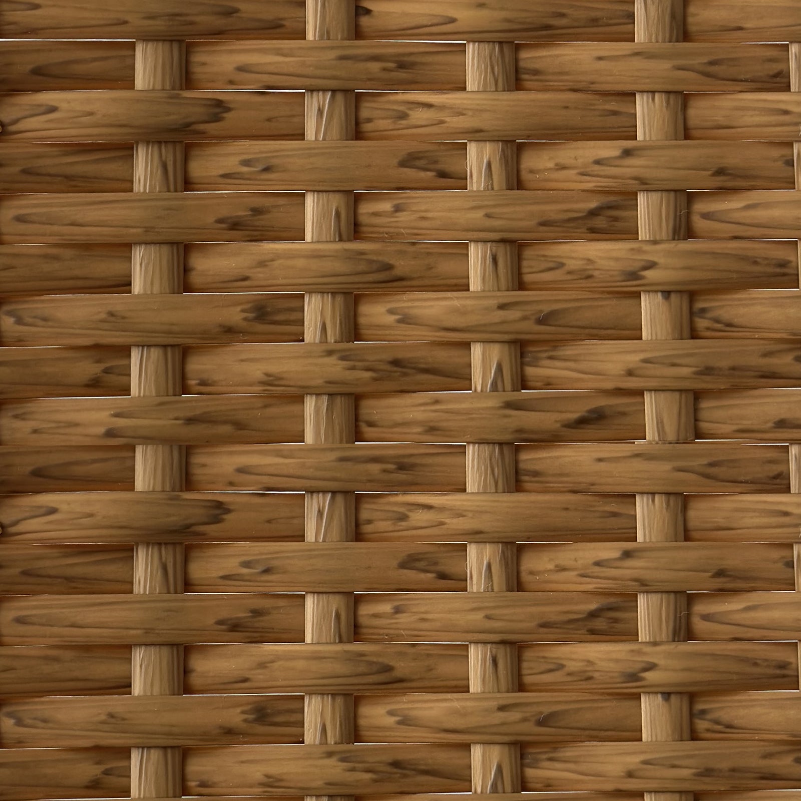 Close-up of the Kummi 4 Seater Outdoor Dining Bench Set's woven wooden surface, showcasing the intricate basket weave pattern of interlaced wooden strips, highlighting the craftsmanship and design detail.