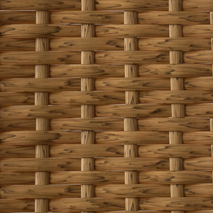 Close-up of the Kummi 4 Seater Outdoor Dining Bench Set's woven wooden surface, showcasing the intricate basket weave pattern of interlaced wooden strips, highlighting the craftsmanship and design detail.