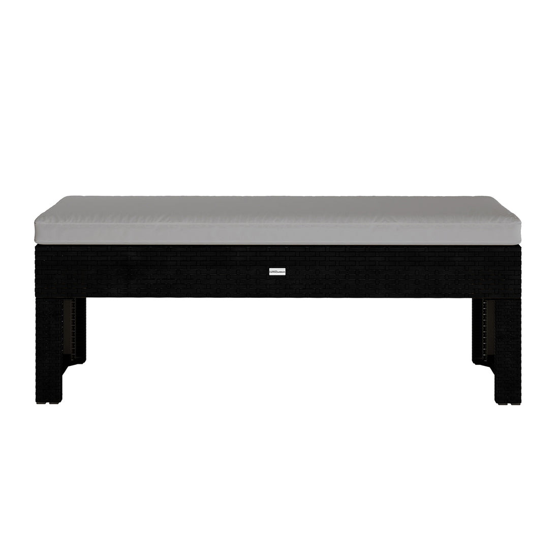 Kummi 4 Seater Outdoor Dining Bench Set in Natural & Warm Grey features a black wicker-textured frame with a light-gray cushion, highlighting its simple elegance ideal for alfresco dining and relaxation.