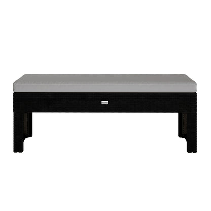 Kummi 4 Seater Outdoor Dining Bench Set in Natural & Warm Grey features a black wicker-textured frame with a light-gray cushion, highlighting its simple elegance ideal for alfresco dining and relaxation.