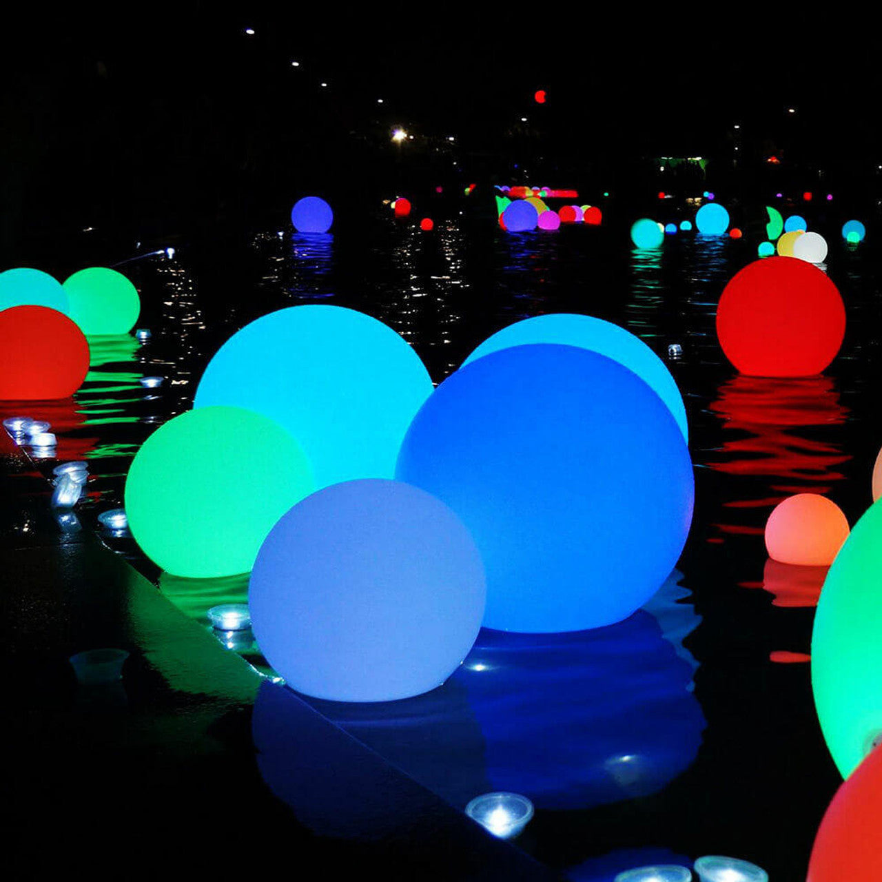 Waterproof Outdoor LED Ball Lights Décor 50cm, a sleek, round, floatable LED ball ideal for enhancing outdoor spaces with vibrant lighting. Perfect for pools, gardens, and events.