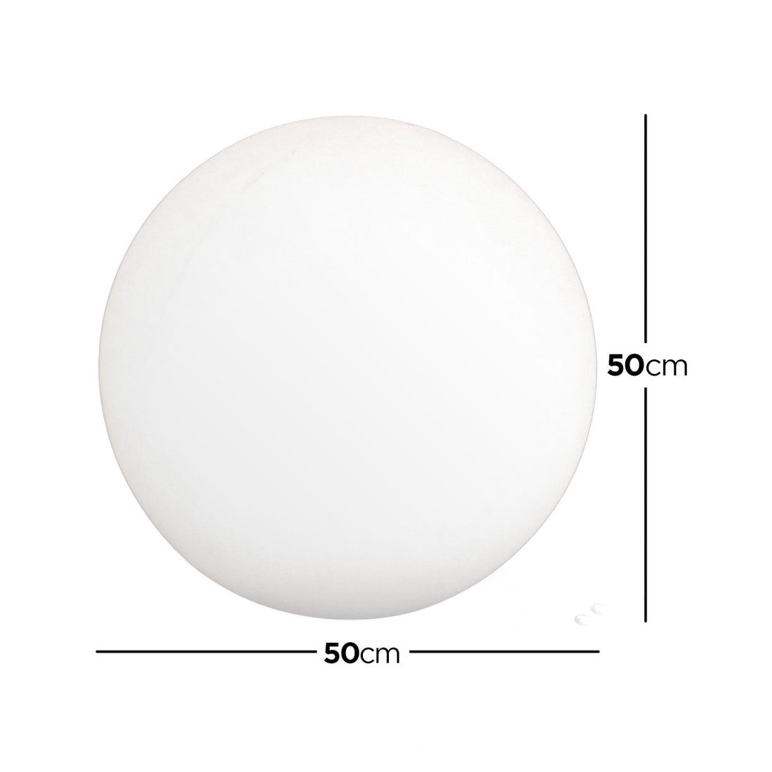 Waterproof Outdoor LED Ball Lights Décor 50cm, a sleek white sphere with a black border, displayed with a measuring tape for size reference, showcasing its versatility and stylish design for outdoor settings.