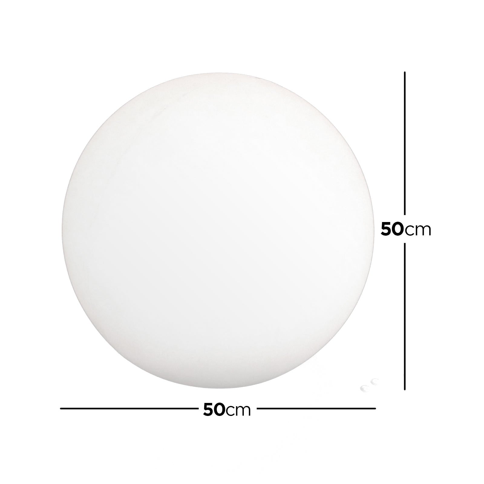 Waterproof Outdoor LED Ball Lights Décor 50cm, a sleek white sphere with a black border, displayed with a measuring tape for size reference, showcasing its versatility and stylish design for outdoor settings.