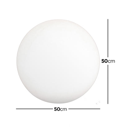 Waterproof Outdoor LED Ball Lights Décor 50cm, a sleek white sphere with a black border, displayed with a measuring tape for size reference, showcasing its versatility and stylish design for outdoor settings.