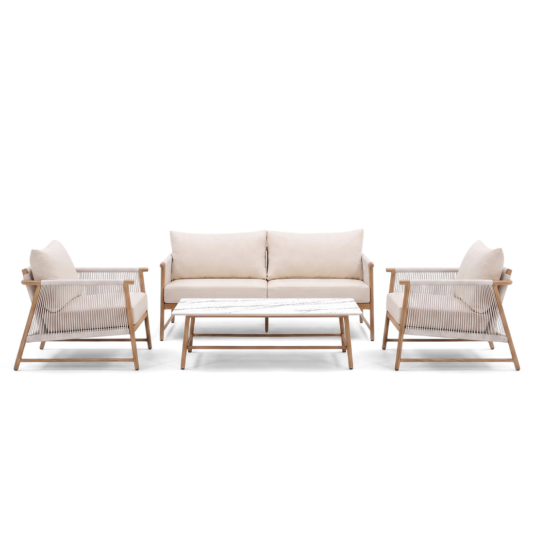 Outdoor lounge furniture set including sofa, two armchairs, and coffee table on white background