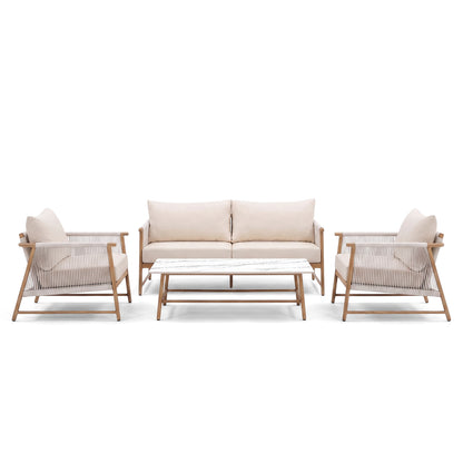 Outdoor lounge furniture set including sofa, two armchairs, and coffee table on white background