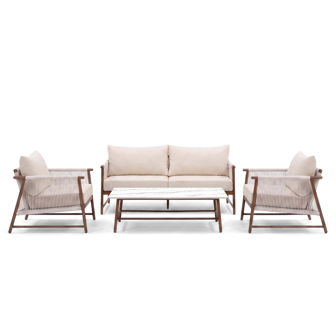 Modern outdoor seating set with sofa, two armchairs, and coffee table on a white background