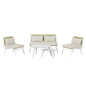 Lowanna 4pc Aluminium Rope Wicker Outdoor Lounge Set Mint Green featuring a green chair with a white pillow, showcasing its sturdy design and inviting comfort for outdoor relaxation.