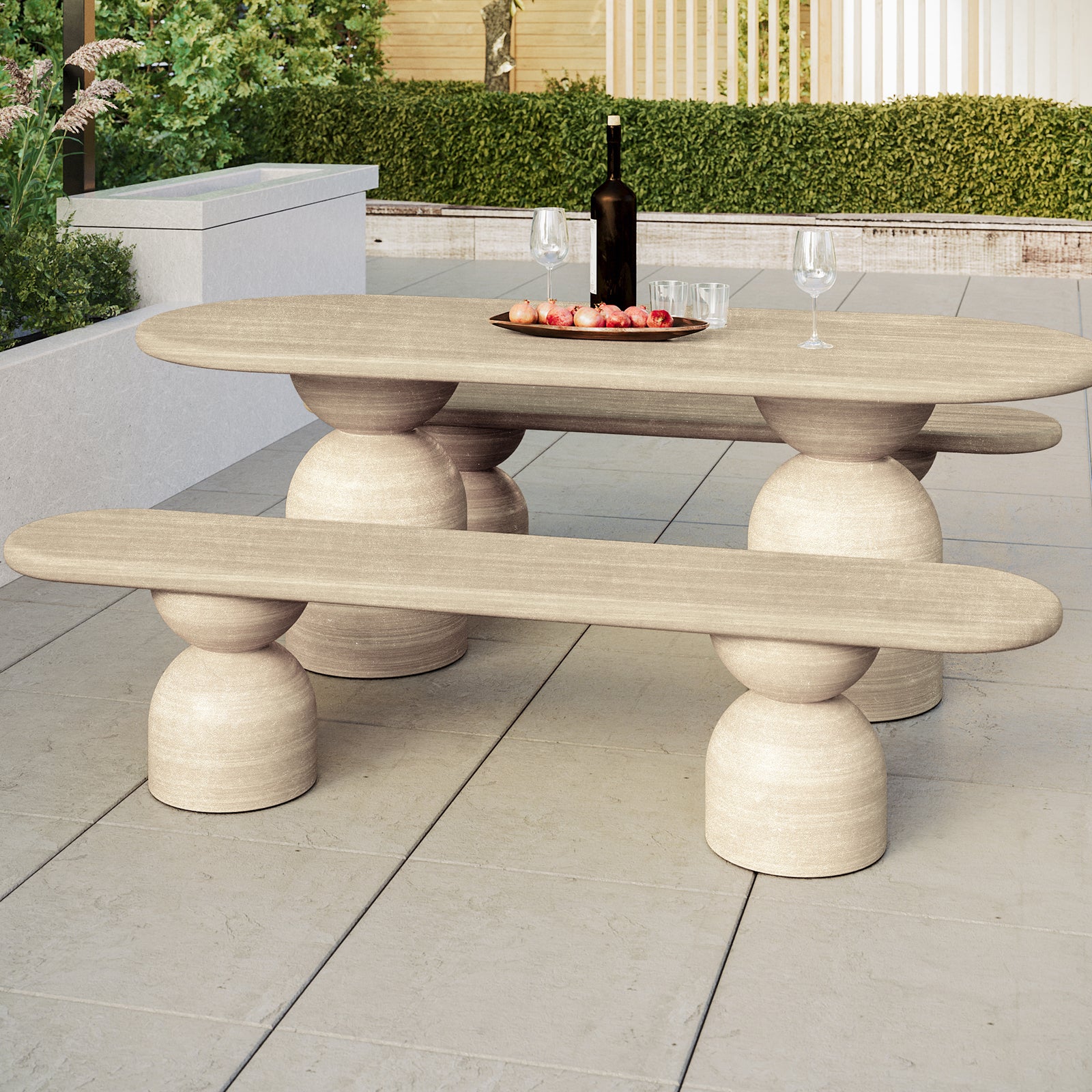 Lumen 200cm Oval Indoor/Outdoor Concrete Dining Bench Seat Beige with a sleek oval design and a sturdy cone-shaped base, suitable for both modern indoor and outdoor settings.