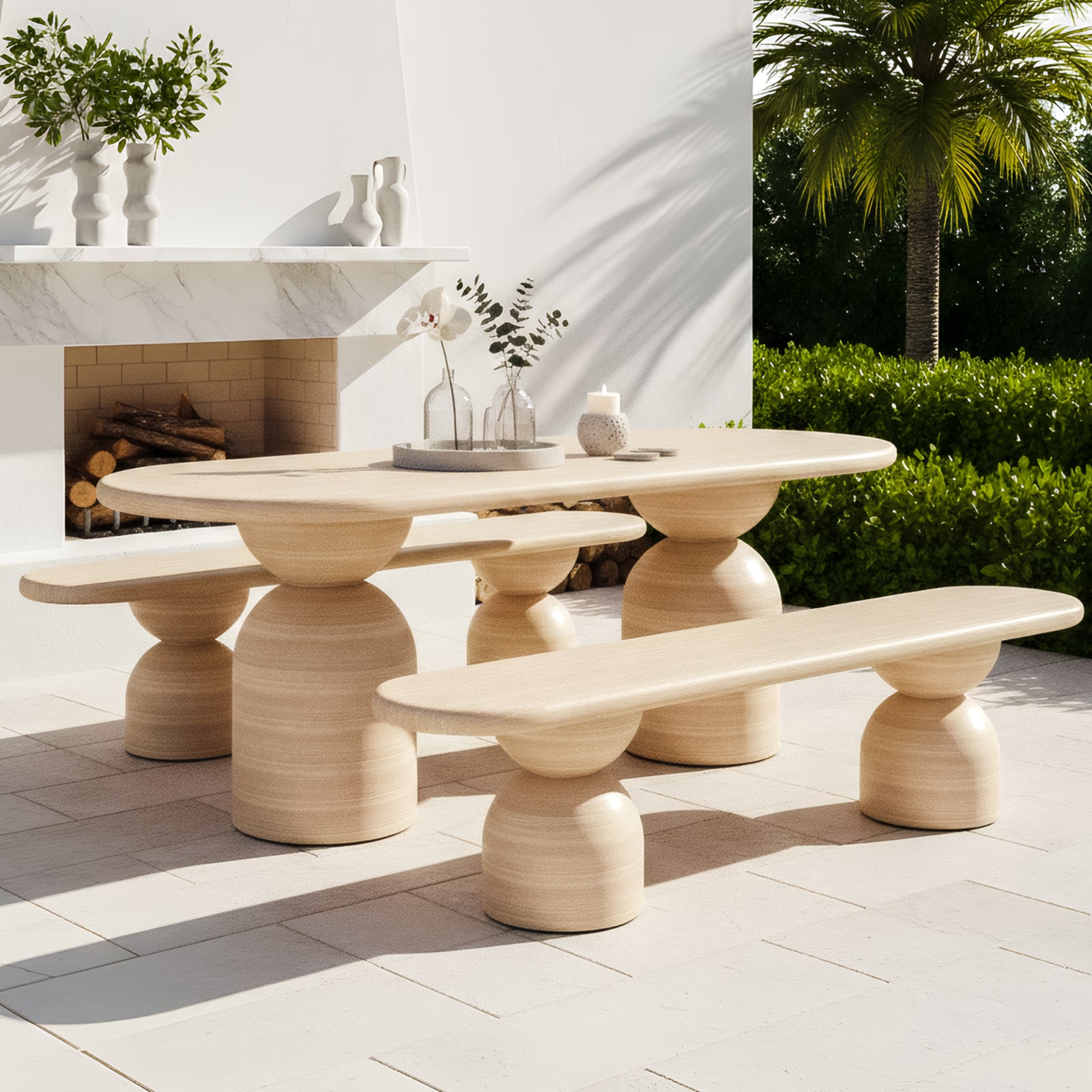 Oval outdoor dining table and matching benches with a light wood-grain finish and sculptural, hourglass-shaped pedestal bases.