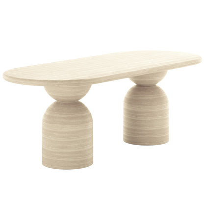 Lumen 220cm Oval Indoor/Outdoor Concrete Dining Table Beige, featuring a smooth oval surface and unique cone-shaped base, offering a modern design for versatile indoor or covered outdoor use.