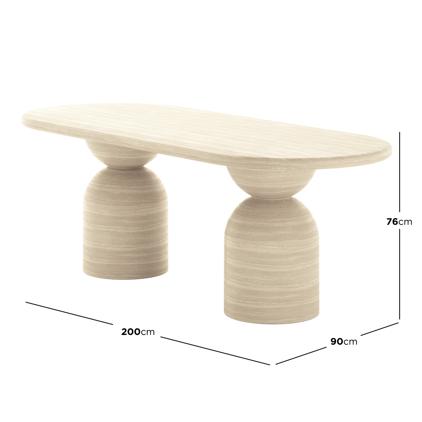 Lumen 220cm Oval Indoor/Outdoor Concrete Dining Table Beige with an elegant oval shape and cone-shaped base, suitable for stylish indoor or sheltered outdoor dining settings.