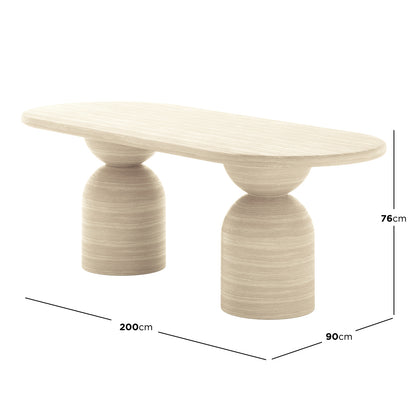 Lumen 220cm Oval Indoor/Outdoor Concrete Dining Table Beige with an elegant oval shape and cone-shaped base, suitable for stylish indoor or sheltered outdoor dining settings.