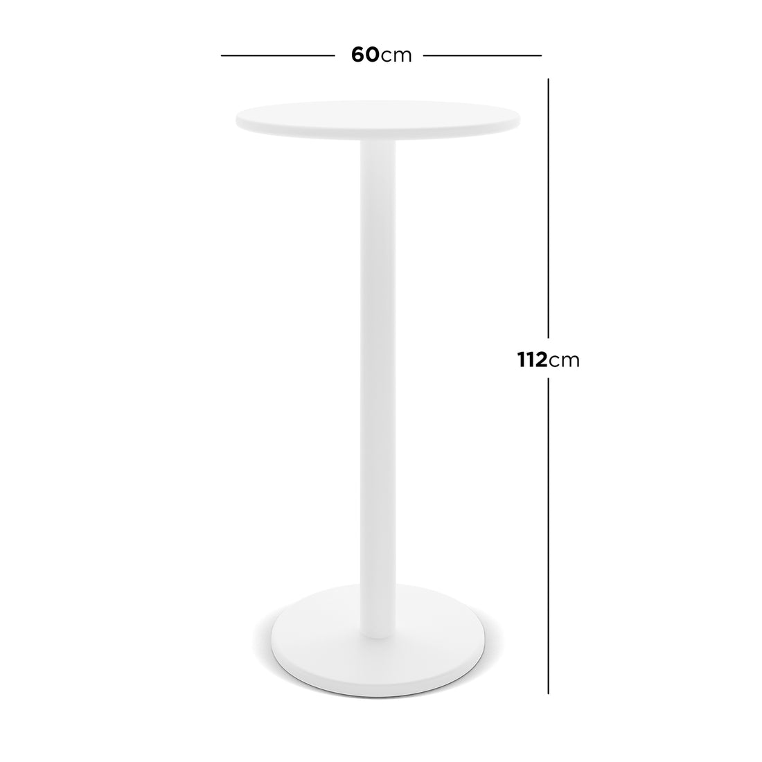 Luzon Aluminium Indoor & Outdoor Bar Table features a sleek cylindrical design with a black top, showcased on a white round table, emphasizing its modern, versatile aesthetic suitable for various settings.