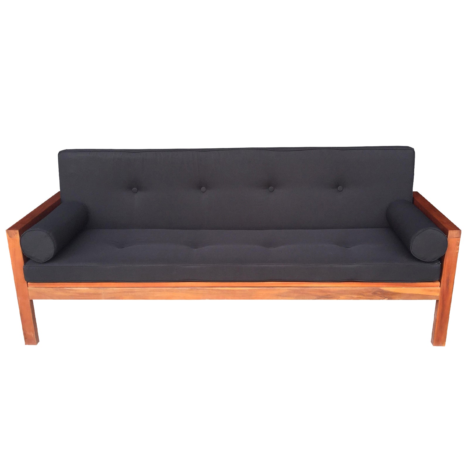 Luxo Meves Timber Outdoor Sofa Bed Black, showcasing a three-seater Eucalyptus wood design with a foldable backrest, black cushion, and two round pillows, ideal for outdoor lounging and relaxation.