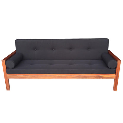 Luxo Meves Timber Outdoor Sofa Bed Black, showcasing a three-seater Eucalyptus wood design with a foldable backrest, black cushion, and two round pillows, ideal for outdoor lounging and relaxation.