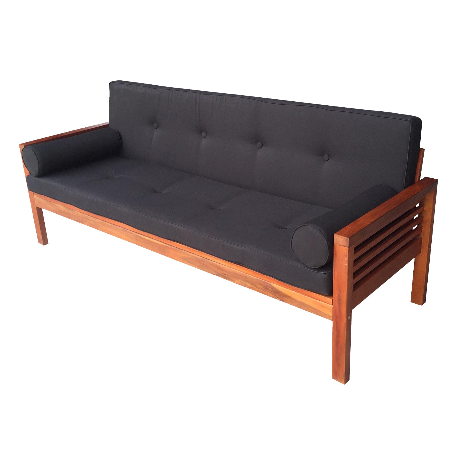 Luxo Meves Timber Outdoor Sofa Bed Black, showcasing a wooden frame with a foldable backrest, black cushion, and two round pillows, exemplifying versatile outdoor lounging and stylish comfort.