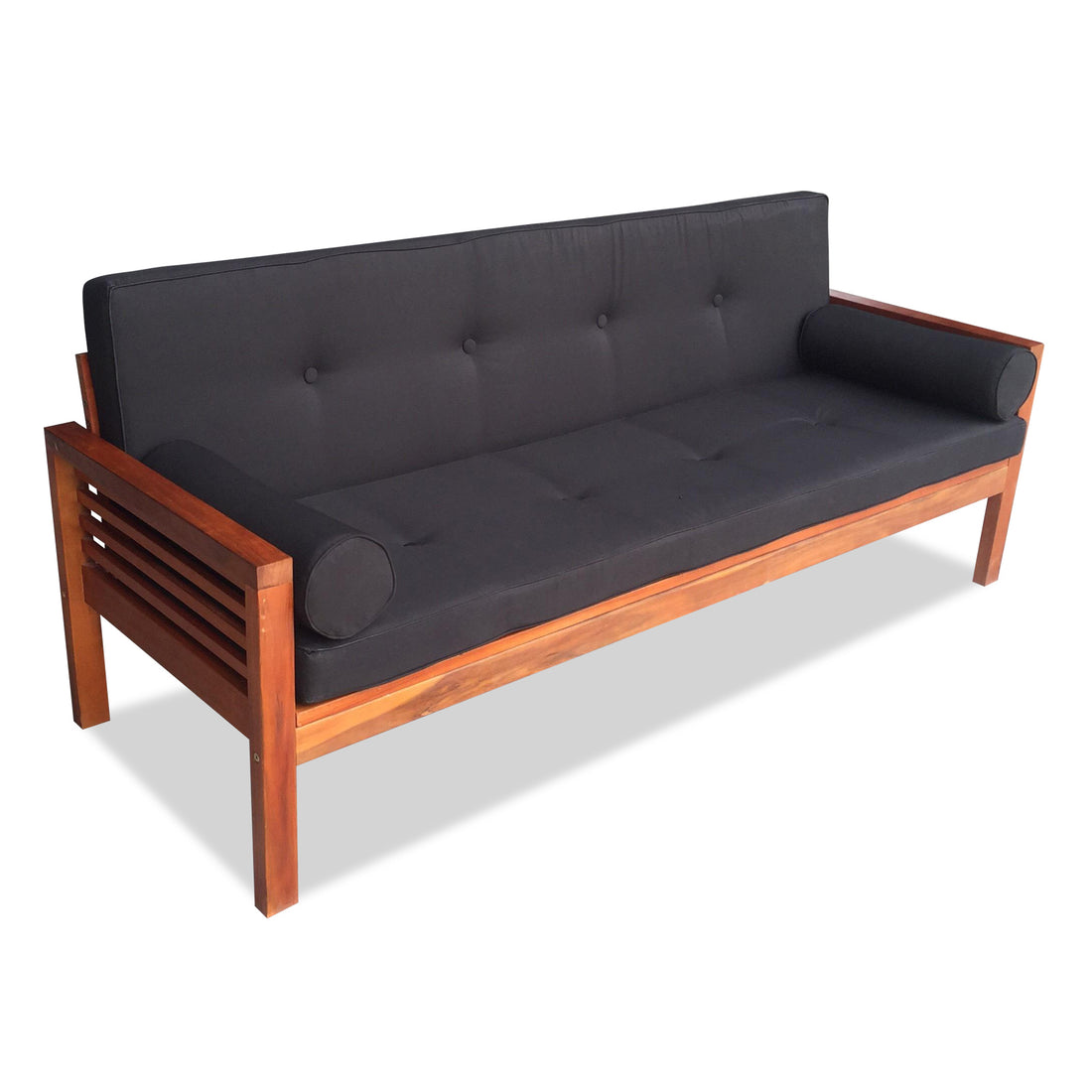 Luxo Meves Timber Outdoor Sofa Bed Black, showcasing a sleek design with a foldable backrest, plush seat cushion, and round pillows, highlighting its multifunctional use as a sofa and bed.