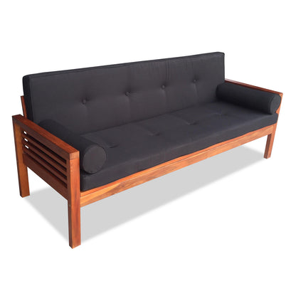 Luxo Meves Timber Outdoor Sofa Bed Black, showcasing a sleek design with a foldable backrest, plush seat cushion, and round pillows, highlighting its multifunctional use as a sofa and bed.