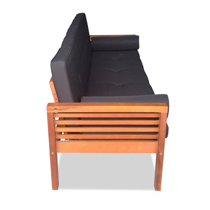 Luxo Meves Timber Outdoor Sofa Bed Black, featuring a close-up of its sleek black design with wooden armrests, showcasing the Eucalyptus craftsmanship and convertible backrest for versatile outdoor lounging.
