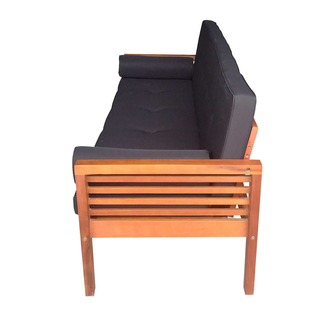 Luxo Meves Timber Outdoor Sofa Bed Black features a sleek black cushion and round pillows, set on a durable Eucalyptus wood frame with wooden armrests, ideal for outdoor lounging.