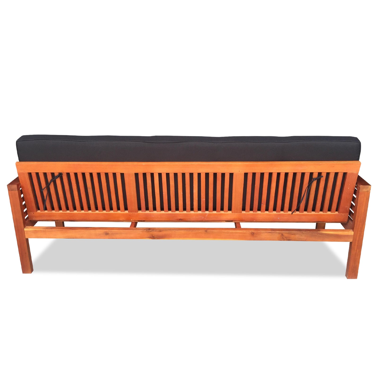 Luxo Meves Timber Outdoor Sofa Bed Black, featuring a wooden frame with a black cushion, transforms from a stylish bench to a sun lounge bed with foldable backrest and round pillows.