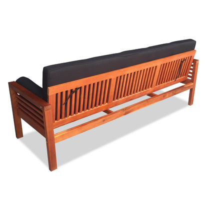 Luxo Meves Timber Outdoor Sofa Bed Black featuring a wooden frame with a sleek black cushion, designed as a convertible three-seater sofa bed for outdoor use.