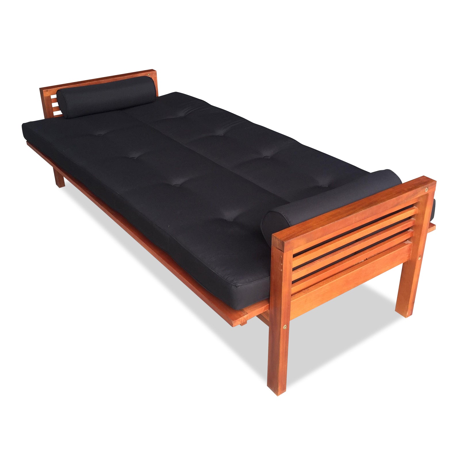 Luxo Meves Timber Outdoor Sofa Bed Black shown with a black mattress on a wooden Eucalyptus frame, featuring a foldable backrest for conversion into a bed, and two round pillows for added comfort.