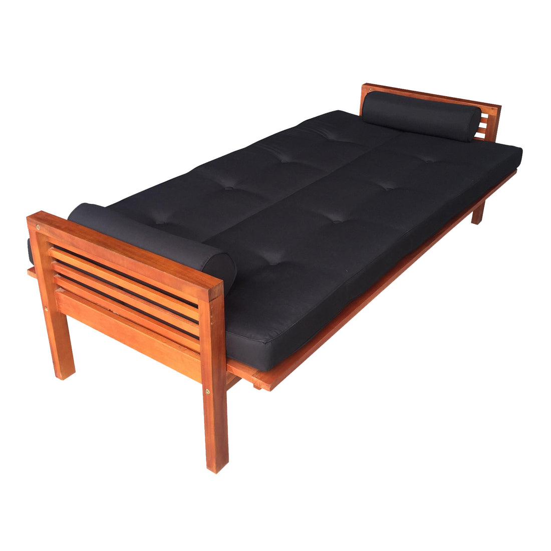 Luxo Meves Timber Outdoor Sofa Bed Black features a sleek black mattress atop a sturdy Eucalyptus wood frame, showcasing its dual function as a sofa and bed for versatile outdoor lounging.