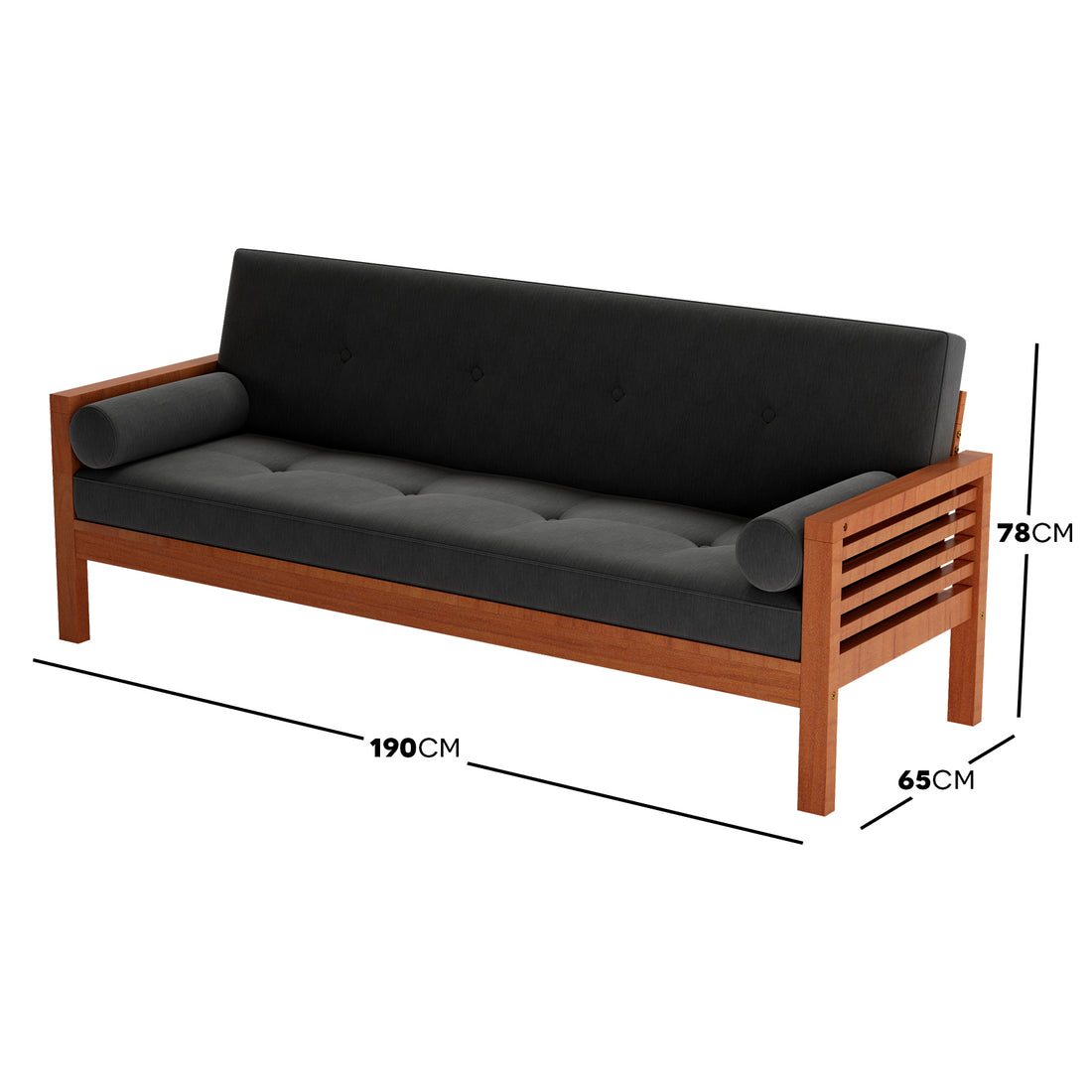 Luxo Meves Timber Outdoor Sofa Bed Black features a black-cushioned sofa with a foldable backrest, crafted from durable Eucalyptus wood, highlighting a button-tufted design and accompanying round pillows for outdoor comfort.